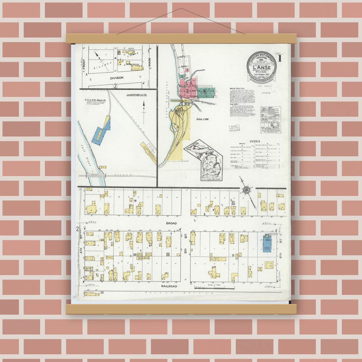 Old map wall art mockup — magnetic wood frame on brick wall — Sanborn Fire Insurance Map from L'Anse, Baraga County, Michigan (1922), Sheet #0001