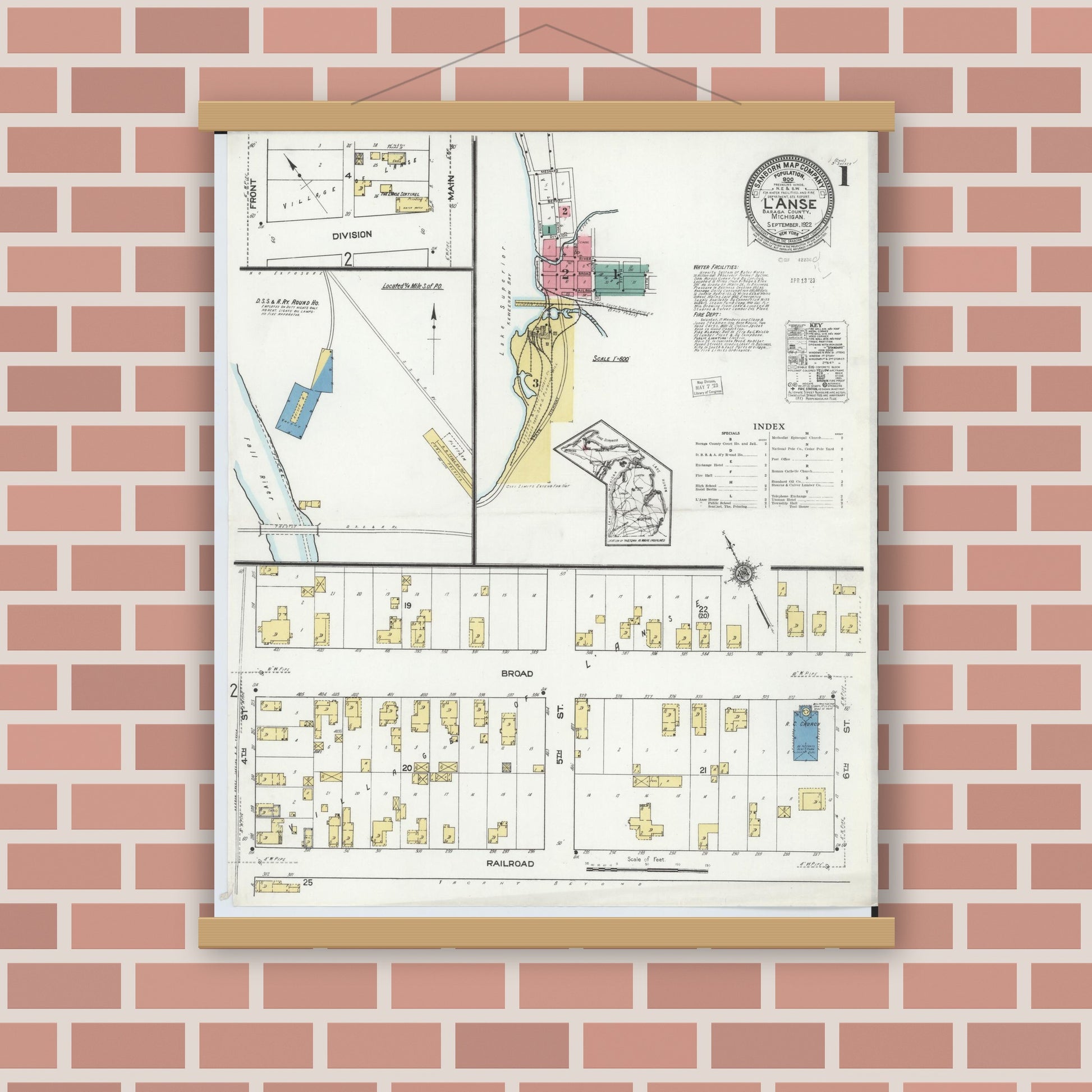 Old map wall art mockup — magnetic wood frame on brick wall — Sanborn Fire Insurance Map from L'Anse, Baraga County, Michigan (1922), Sheet #0001