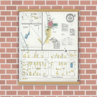 Old map wall art mockup — magnetic wood frame on brick wall — Sanborn Fire Insurance Map from L'Anse, Baraga County, Michigan (1922), Sheet #0001