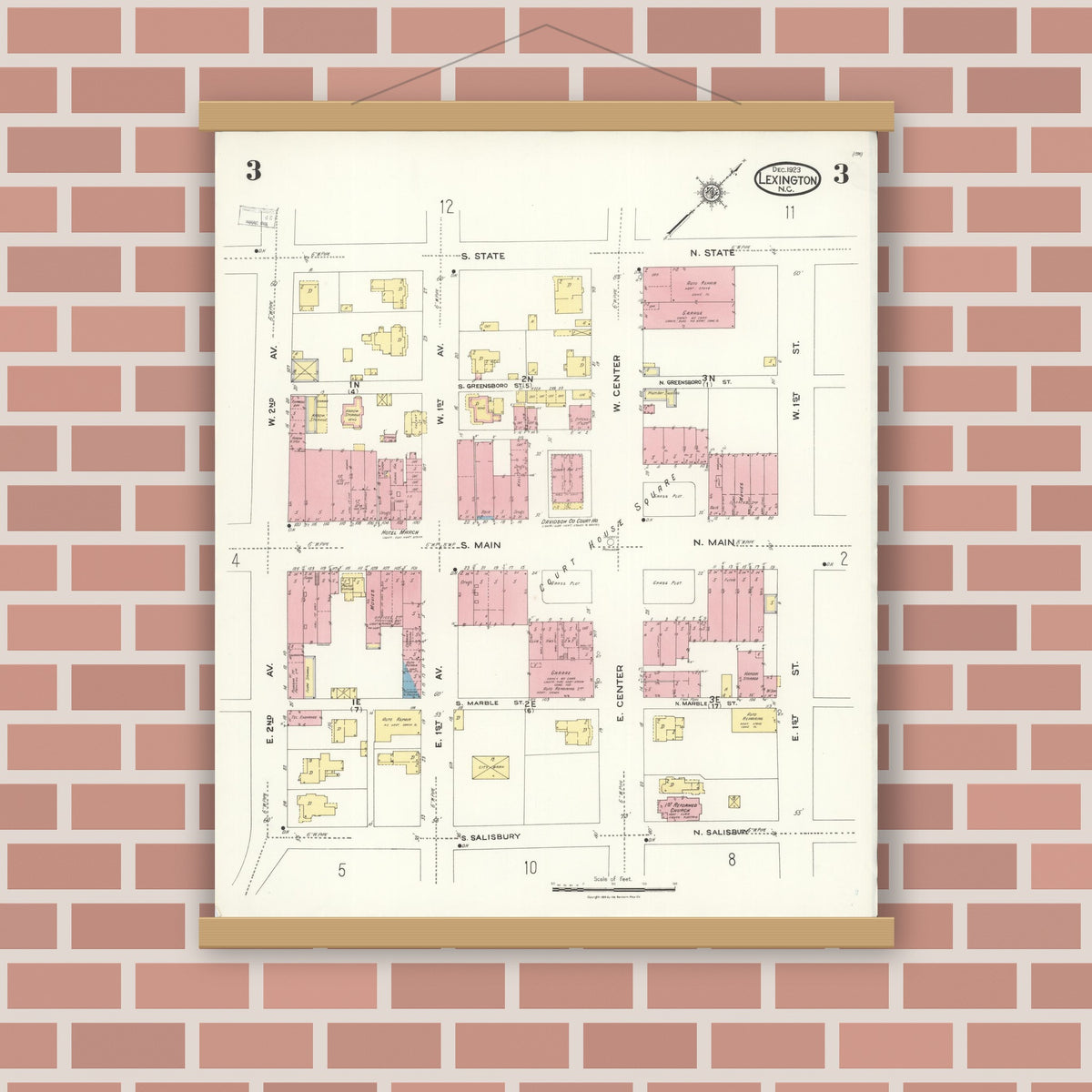 Old map wall art mockup — magnetic wood frame on brick wall — Sanborn Fire Insurance Map from Lexington, Davidson County, North Carolina (1923), Sheet #0003