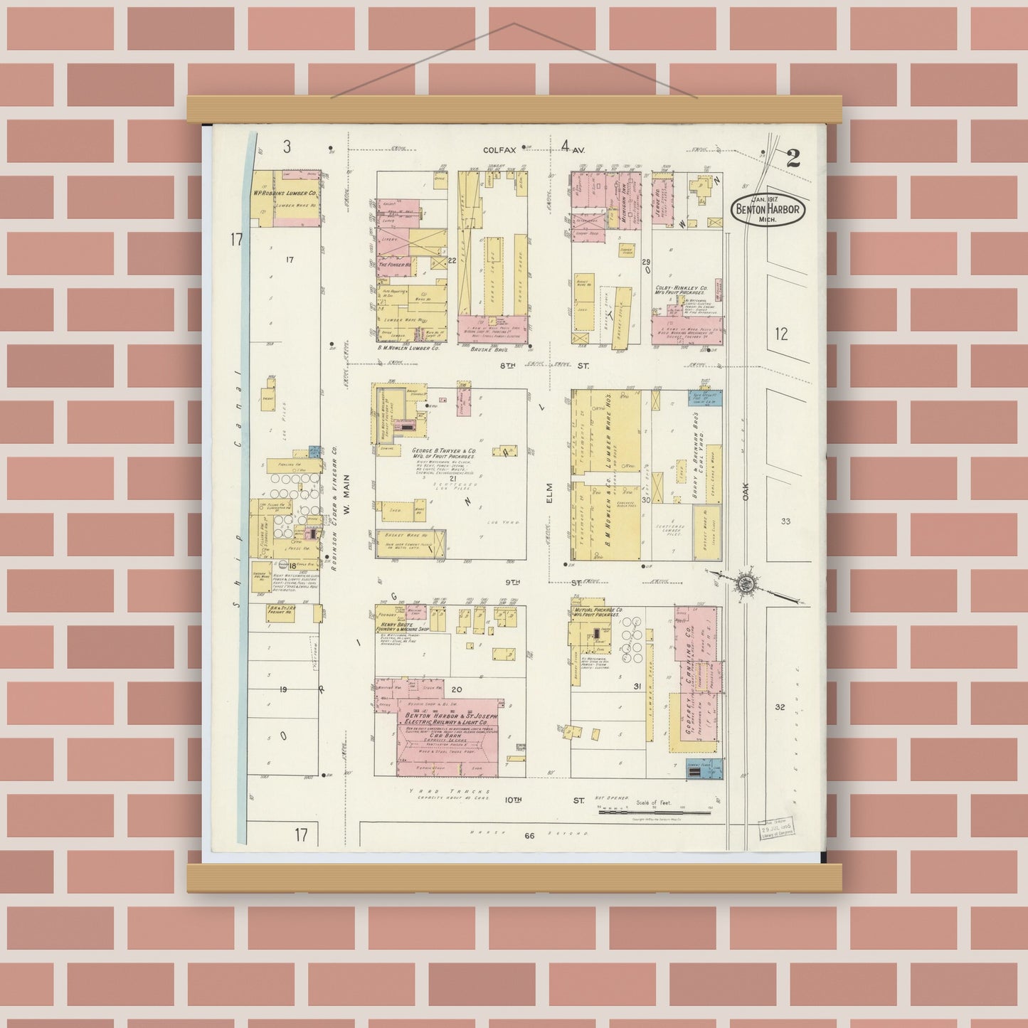 Old map wall art mockup — magnetic wood frame on brick wall — Sanborn Fire Insurance Map from Benton Harbor, Berrien County, Michigan (1917), Sheet #0002