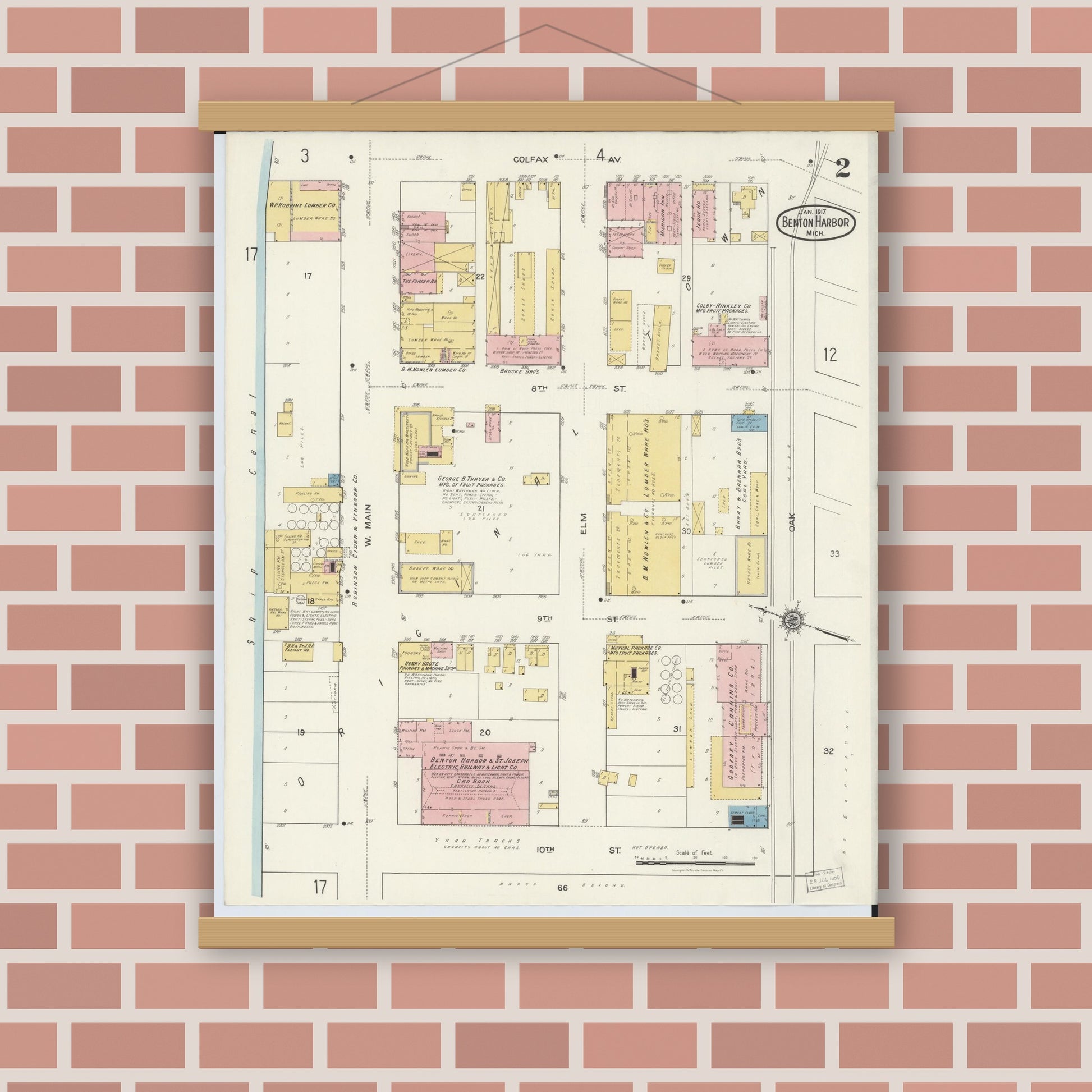 Old map wall art mockup — magnetic wood frame on brick wall — Sanborn Fire Insurance Map from Benton Harbor, Berrien County, Michigan (1917), Sheet #0002