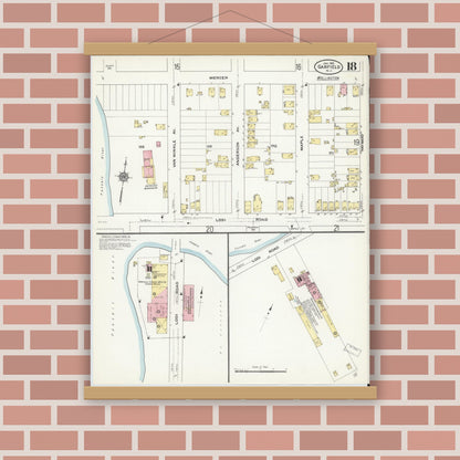 Old map wall art mockup — magnetic wood frame on brick wall — Sanborn Fire Insurance Map from Garfield, Bergen County, New Jersey (1910), Sheet #0018