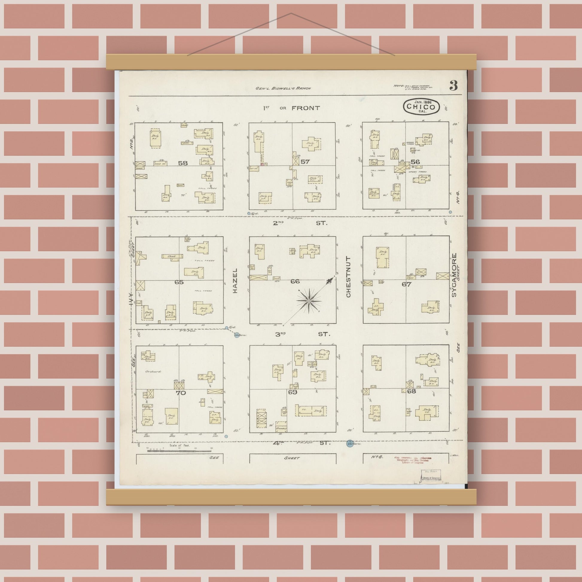 Old map wall art mockup — magnetic wood frame on brick wall — Sanborn Fire Insurance Map from Chico, Butte County, California (1886), Sheet #0003