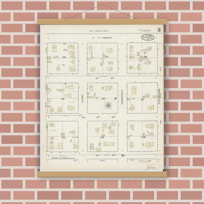 Old map wall art mockup — magnetic wood frame on brick wall — Sanborn Fire Insurance Map from Chico, Butte County, California (1886), Sheet #0003