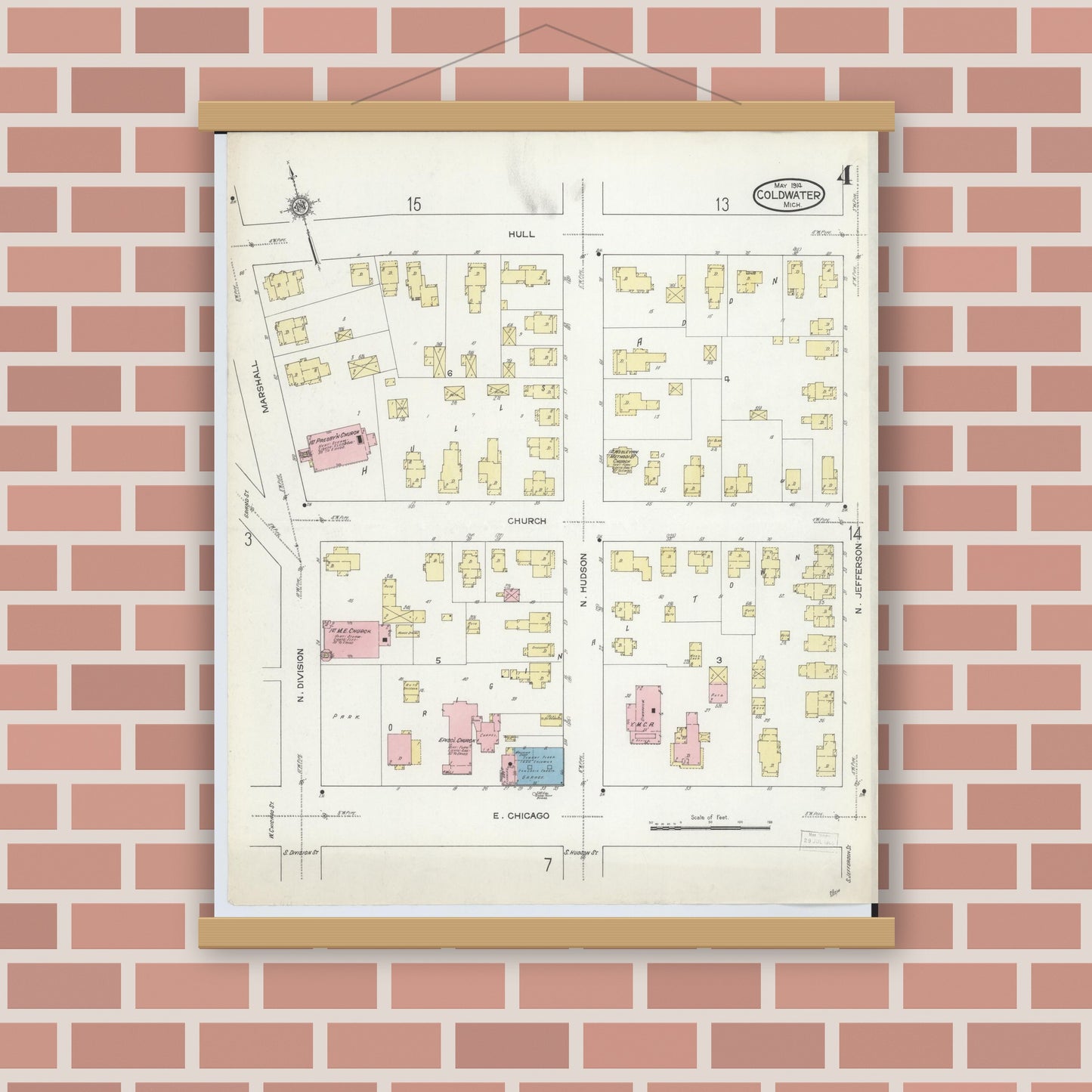 Old map wall art mockup — magnetic wood frame on brick wall — Sanborn Fire Insurance Map from Coldwater, Branch County, Michigan (1914), Sheet #0004