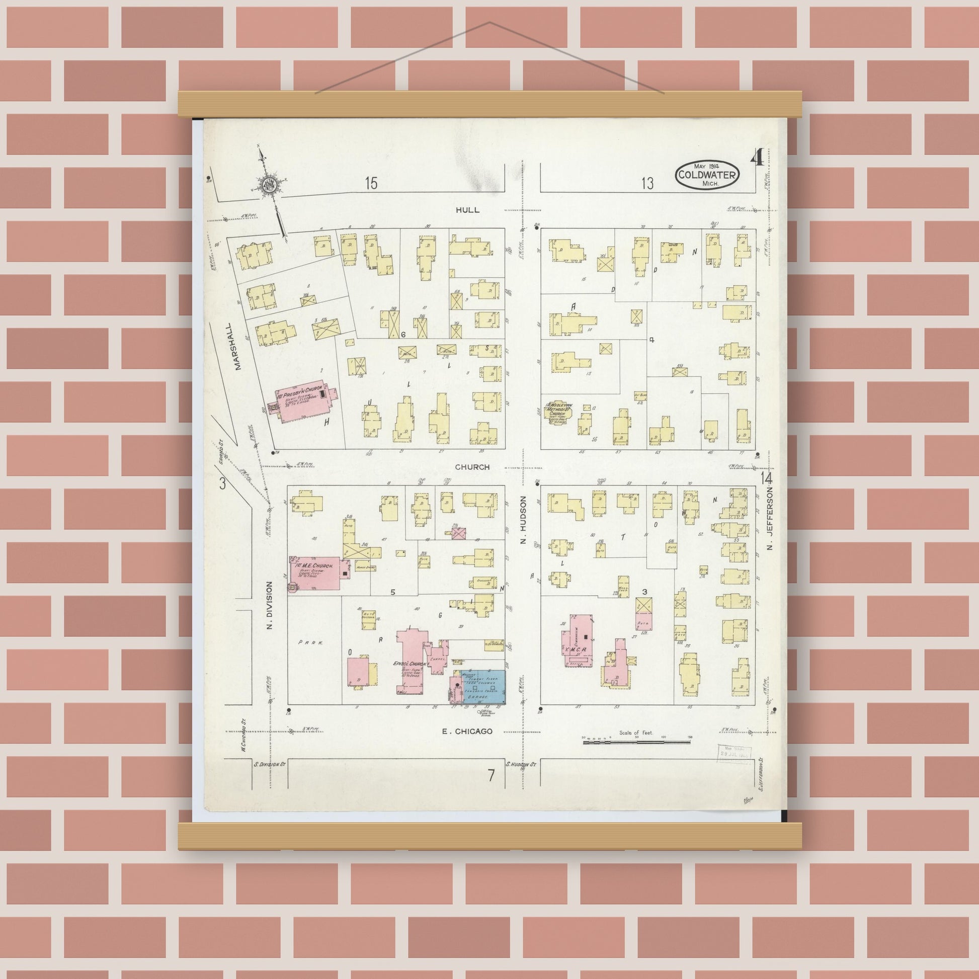 Old map wall art mockup — magnetic wood frame on brick wall — Sanborn Fire Insurance Map from Coldwater, Branch County, Michigan (1914), Sheet #0004