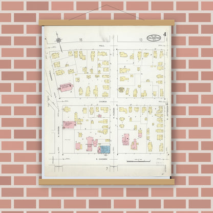 Old map wall art mockup — magnetic wood frame on brick wall — Sanborn Fire Insurance Map from Coldwater, Branch County, Michigan (1914), Sheet #0004