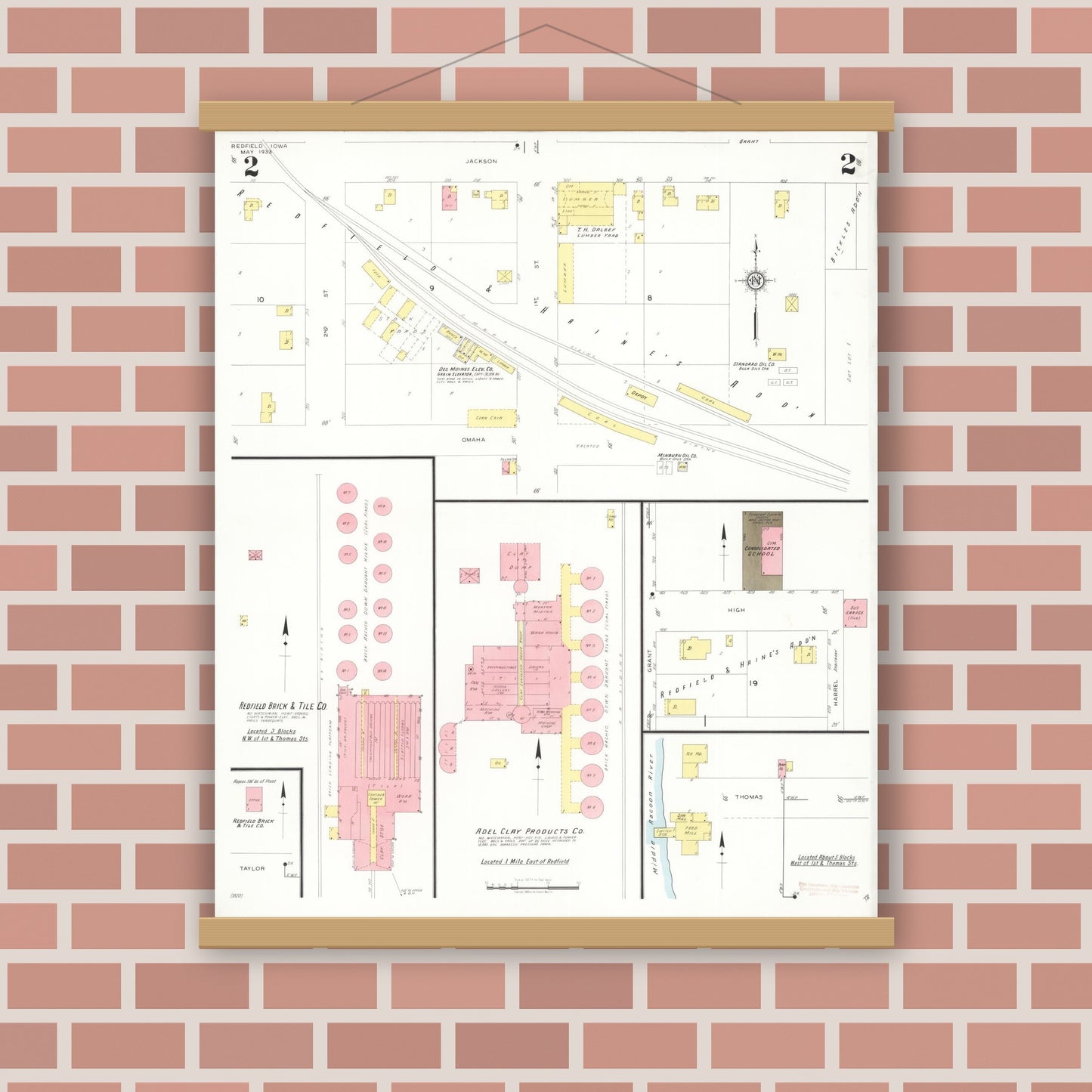 Old map wall art mockup — magnetic wood frame on brick wall — Sanborn Fire Insurance Map from Redfield, Dallas County, Iowa (1933), Sheet #0002