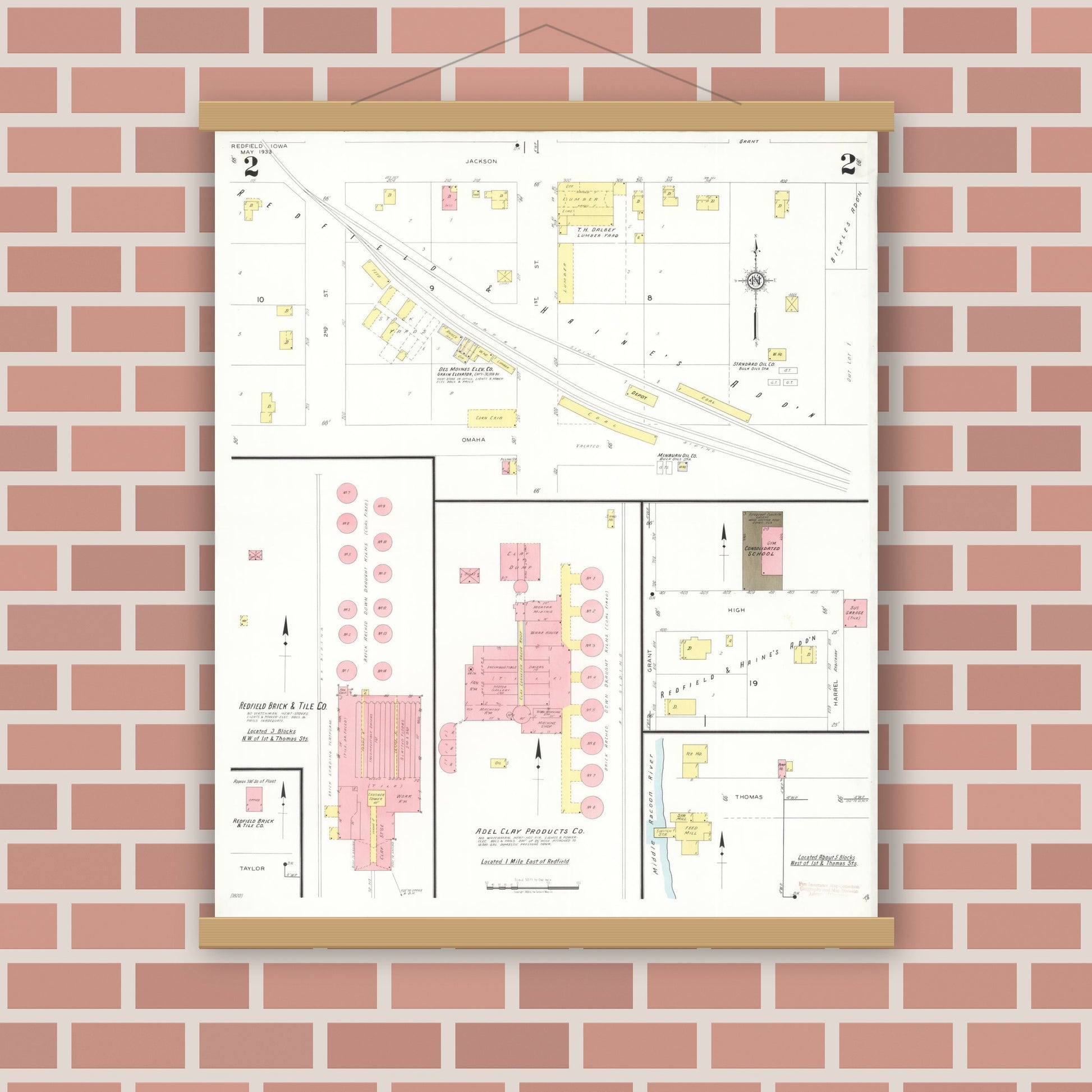Old map wall art mockup — magnetic wood frame on brick wall — Sanborn Fire Insurance Map from Redfield, Dallas County, Iowa (1933), Sheet #0002