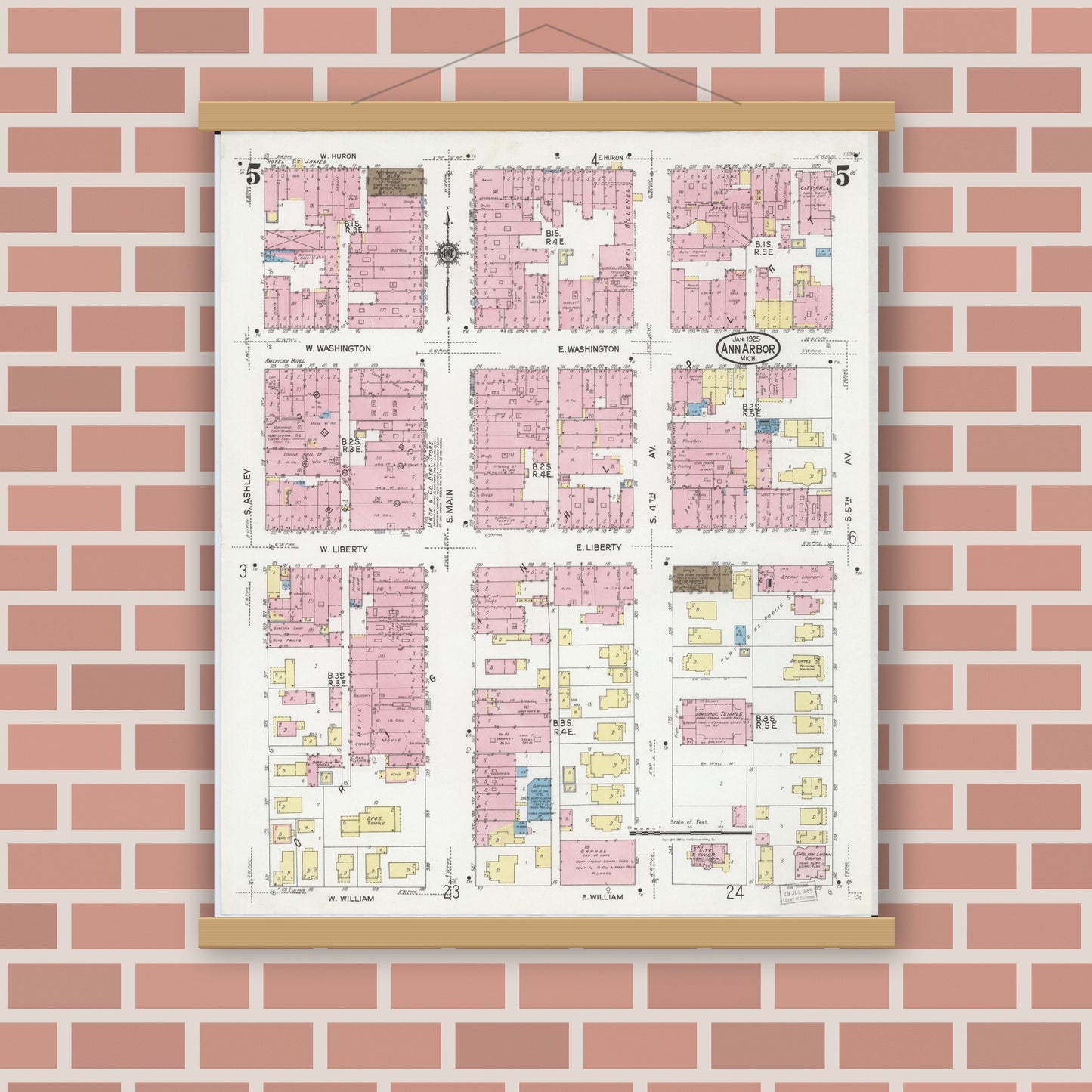 Old map wall art mockup — magnetic wood frame on brick wall — Sanborn Fire Insurance Map from Ann Arbor, Washtenaw County, Michigan (1925), Sheet #0005