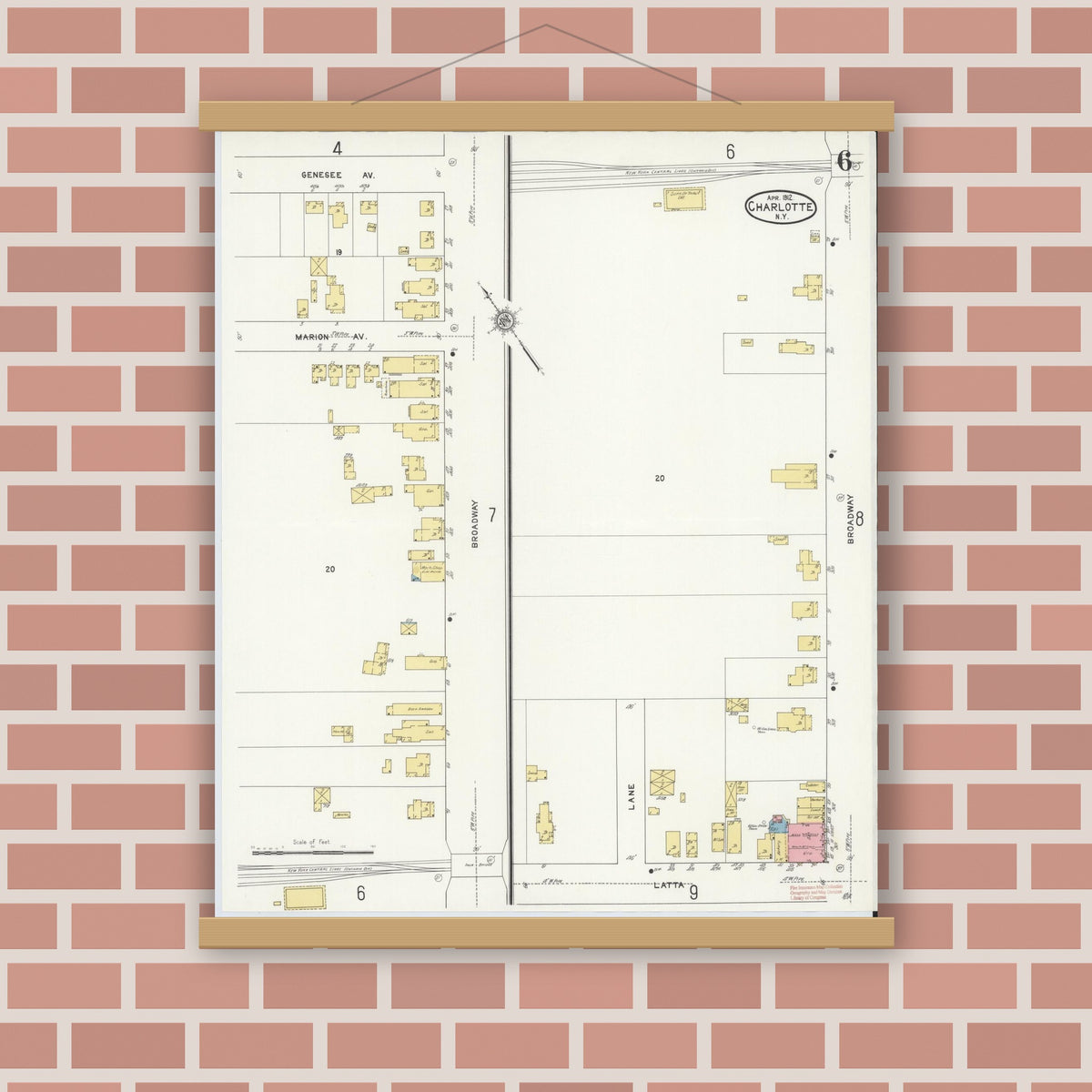 Old map wall art mockup — magnetic wood frame on brick wall — Sanborn Fire Insurance Map from Charlotte, Monroe County, New York (1912), Sheet #0006
