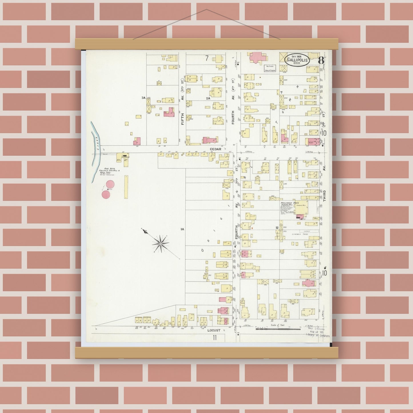 Old map wall art mockup — magnetic wood frame on brick wall — Sanborn Fire Insurance Map from Gallipolis, Gallia County, Ohio (1908), Sheet #0008