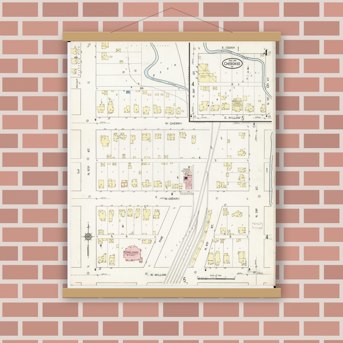 Old map wall art mockup — magnetic wood frame on brick wall — Sanborn Fire Insurance Map from Cherokee, Cherokee County, Iowa (1914), Sheet #0004