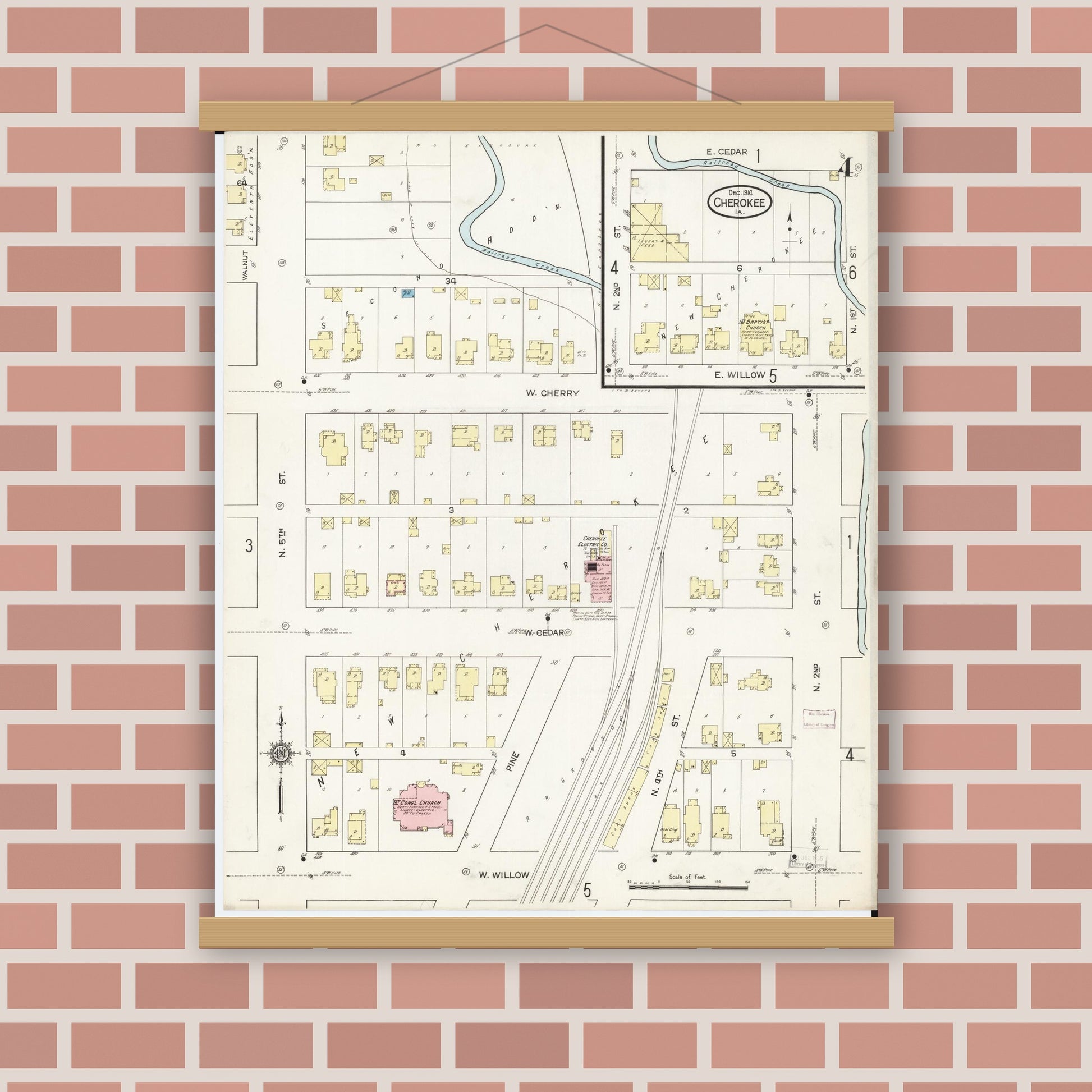 Old map wall art mockup — magnetic wood frame on brick wall — Sanborn Fire Insurance Map from Cherokee, Cherokee County, Iowa (1914), Sheet #0004