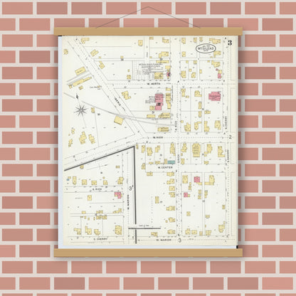 Old map wall art mockup — magnetic wood frame on brick wall — Sanborn Fire Insurance Map from Mount Gilead, Morrow County, Ohio (1903), Sheet #0003