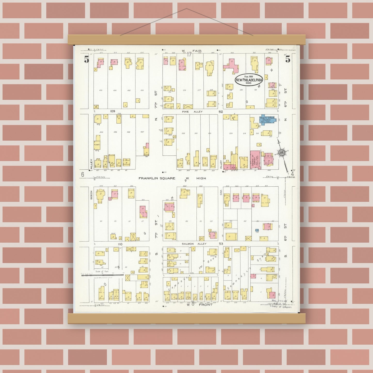 Old map wall art mockup — magnetic wood frame on brick wall — Sanborn Fire Insurance Map from New Philadelphia, Tuscarawas County, Ohio (1926), Sheet #0005