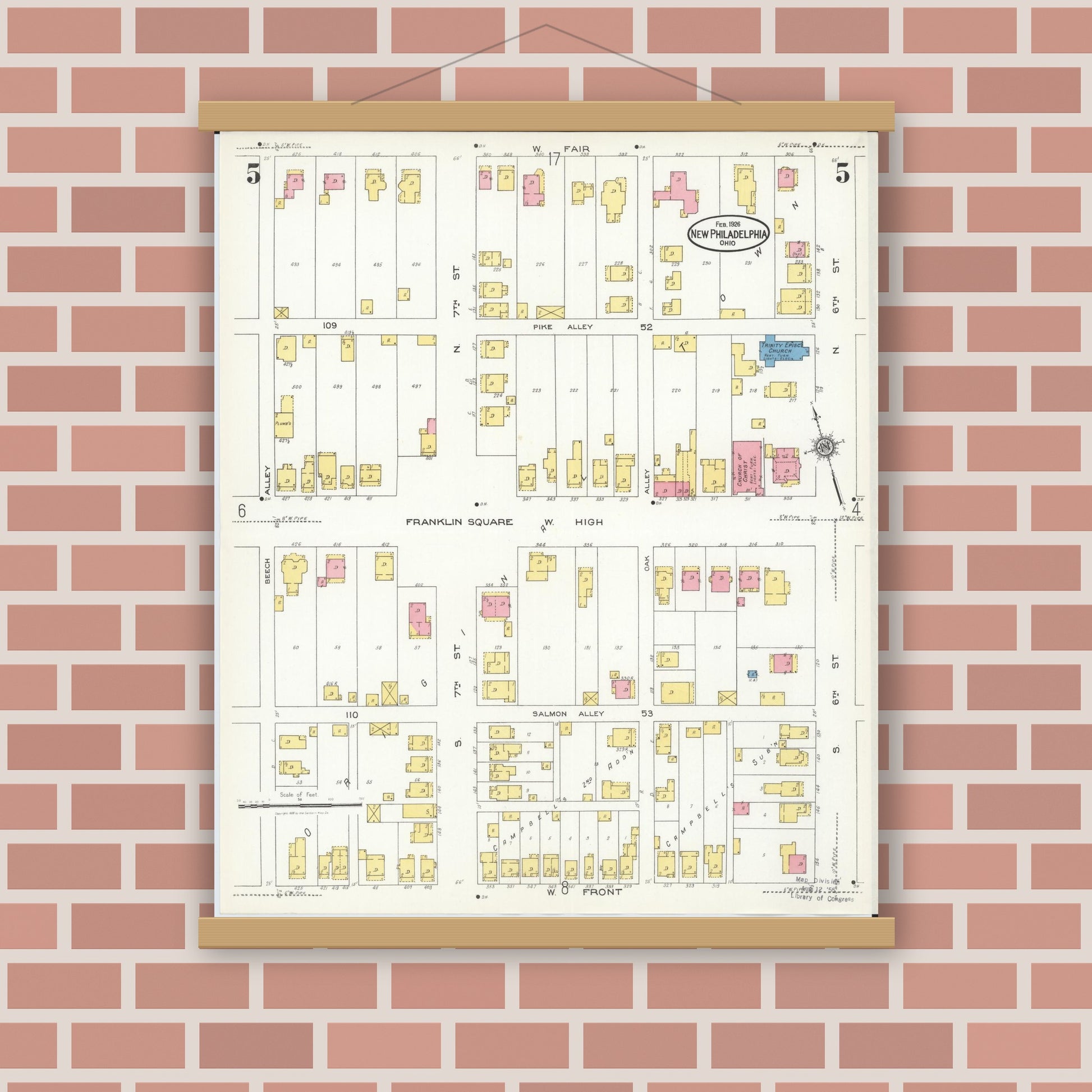 Old map wall art mockup — magnetic wood frame on brick wall — Sanborn Fire Insurance Map from New Philadelphia, Tuscarawas County, Ohio (1926), Sheet #0005