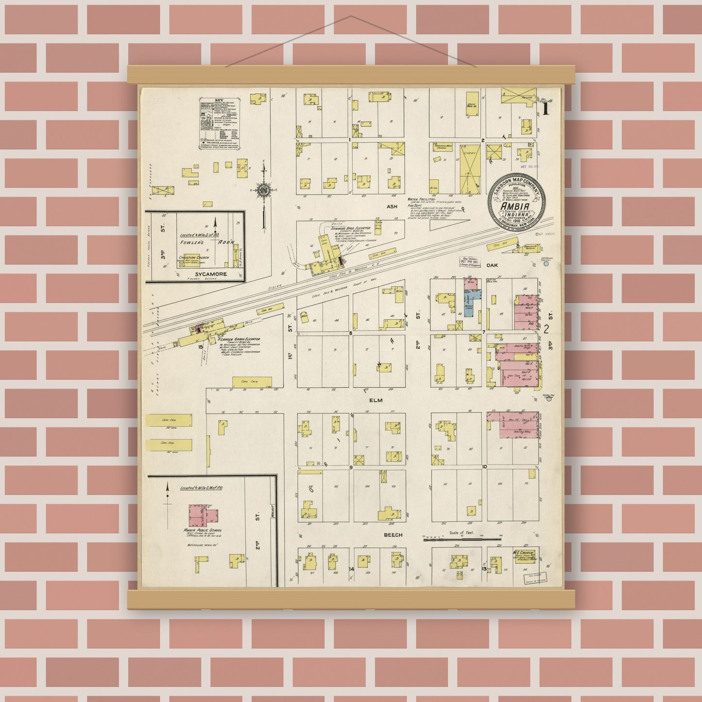 Old map wall art mockup — magnetic wood frame on brick wall — Sanborn Fire Insurance Map from Ambia, Benton County, Indiana (1910), Sheet #0001