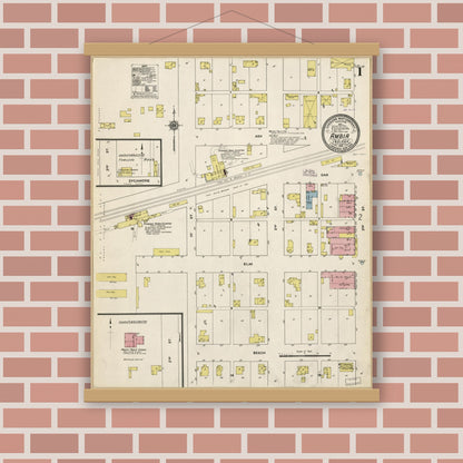 Old map wall art mockup — magnetic wood frame on brick wall — Sanborn Fire Insurance Map from Ambia, Benton County, Indiana (1910), Sheet #0001