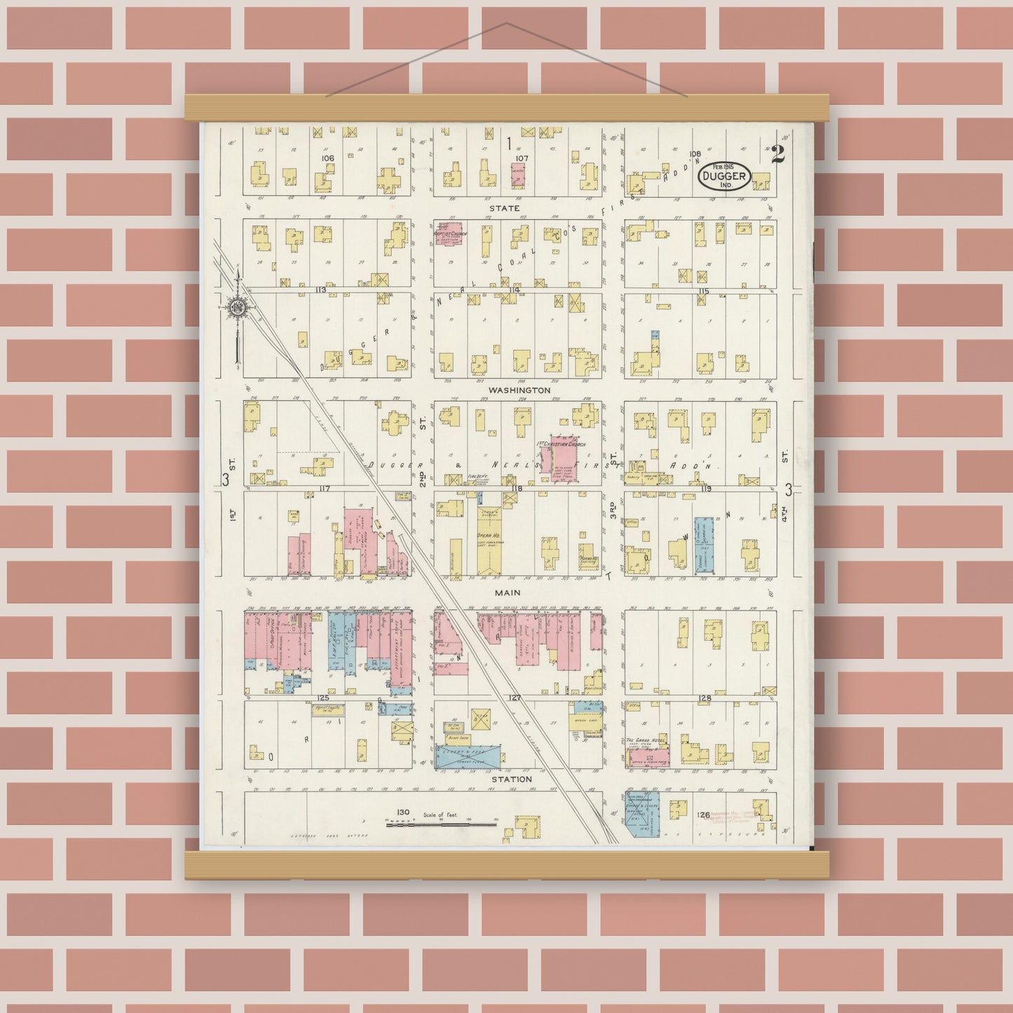 Old map wall art mockup — magnetic wood frame on brick wall — Sanborn Fire Insurance Map from Dugger, Sullivan County, Indiana (1915), Sheet #0002