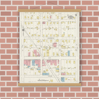Old map wall art mockup — magnetic wood frame on brick wall — Sanborn Fire Insurance Map from Dugger, Sullivan County, Indiana (1915), Sheet #0002