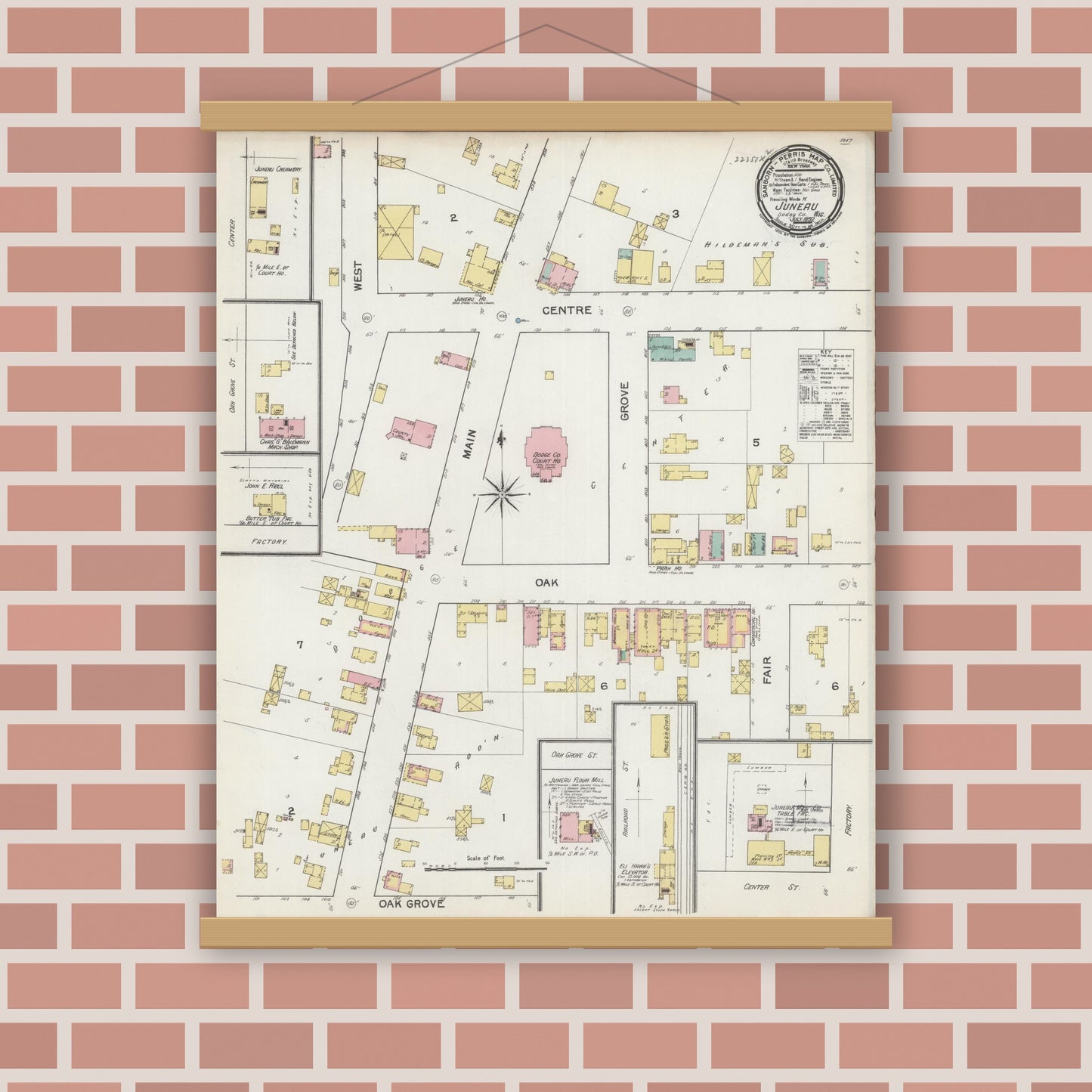 Old map wall art mockup — magnetic wood frame on brick wall — Sanborn Fire Insurance Map from Juneau, Dodge County, Wisconsin (1892), Sheet #0001