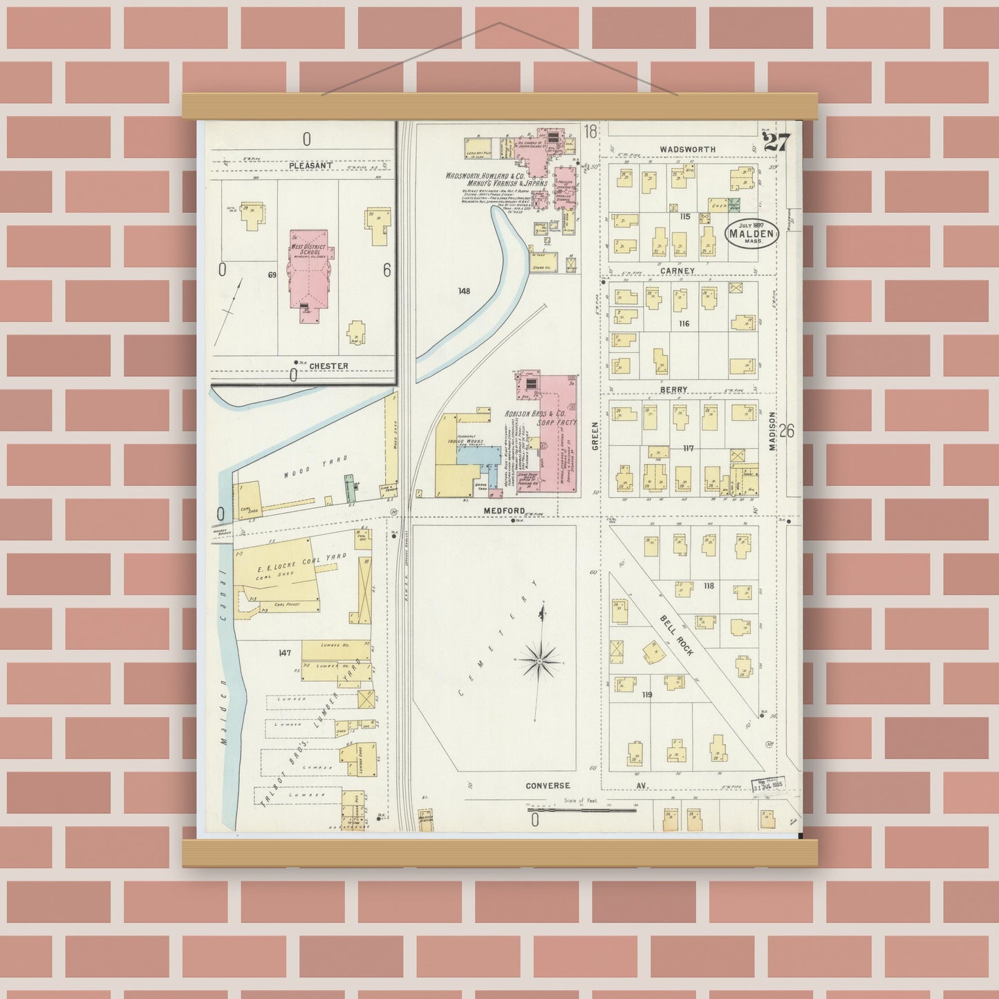 Old map wall art mockup — magnetic wood frame on brick wall — Sanborn Fire Insurance Map from Malden, Middlesex County, Massachusetts (1897), Sheet #0027