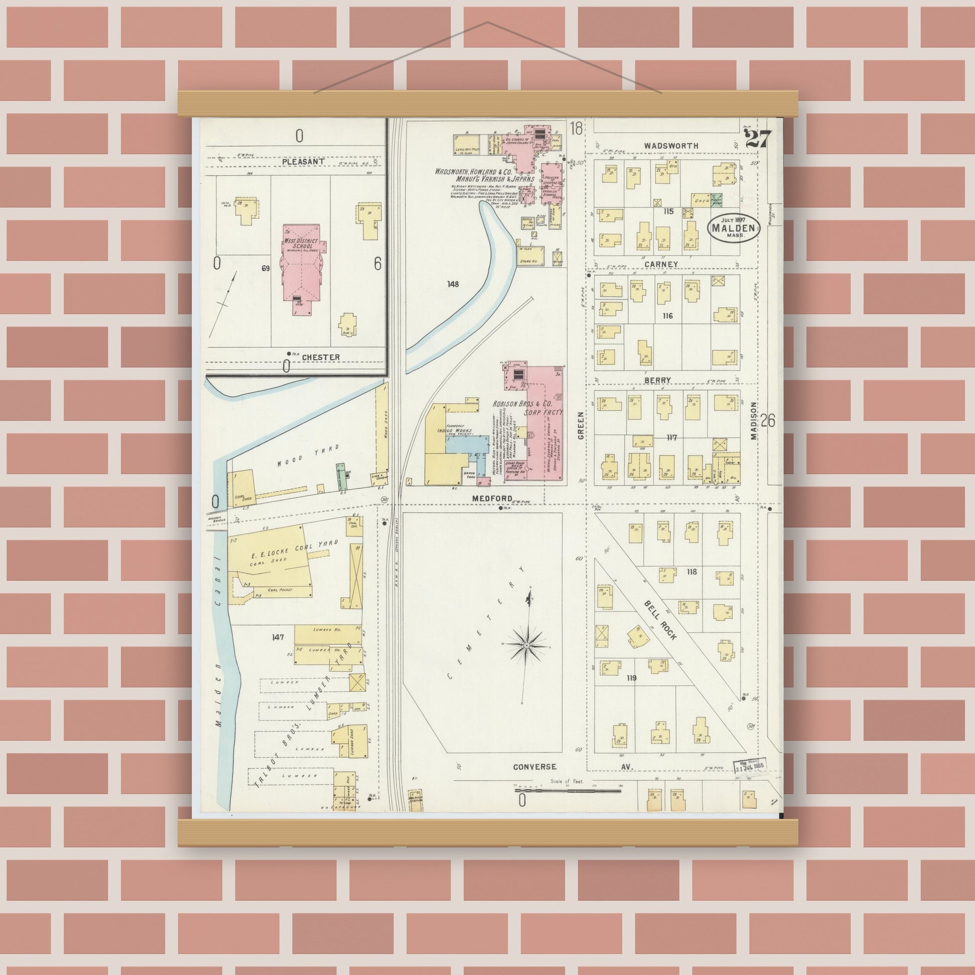 Old map wall art mockup — magnetic wood frame on brick wall — Sanborn Fire Insurance Map from Malden, Middlesex County, Massachusetts (1897), Sheet #0027