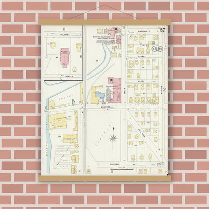 Old map wall art mockup — magnetic wood frame on brick wall — Sanborn Fire Insurance Map from Malden, Middlesex County, Massachusetts (1897), Sheet #0027