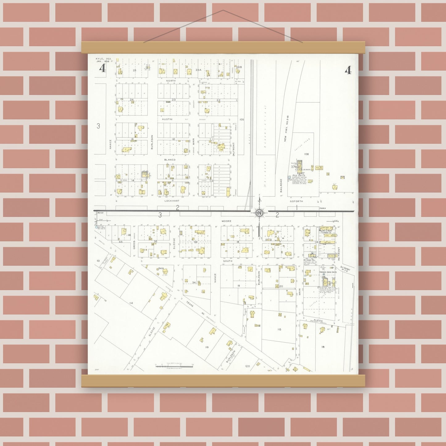 Old map wall art mockup — magnetic wood frame on brick wall — Sanborn Fire Insurance Map from Kyle, Hays County, Texas (1936), Sheet #0004