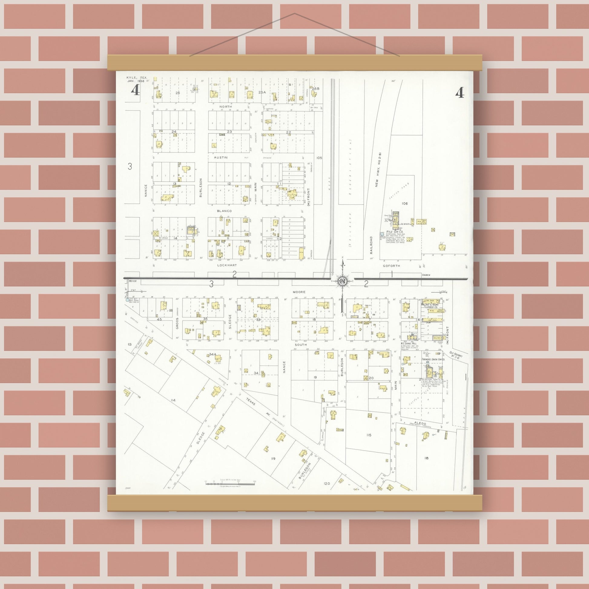Old map wall art mockup — magnetic wood frame on brick wall — Sanborn Fire Insurance Map from Kyle, Hays County, Texas (1936), Sheet #0004