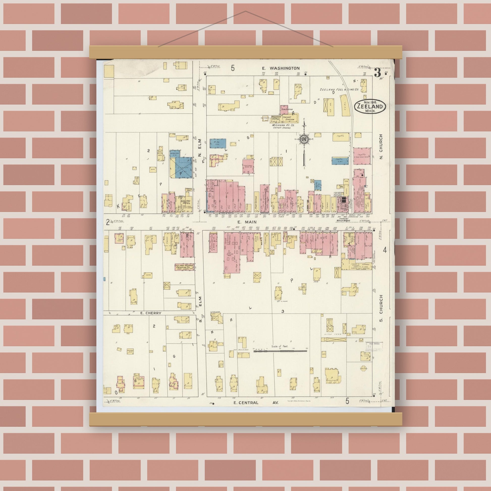 Old map wall art mockup — magnetic wood frame on brick wall — Sanborn Fire Insurance Map from Zeeland, Ottawa County, Michigan (1916), Sheet #0003