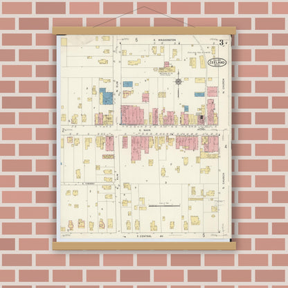 Old map wall art mockup — magnetic wood frame on brick wall — Sanborn Fire Insurance Map from Zeeland, Ottawa County, Michigan (1916), Sheet #0003