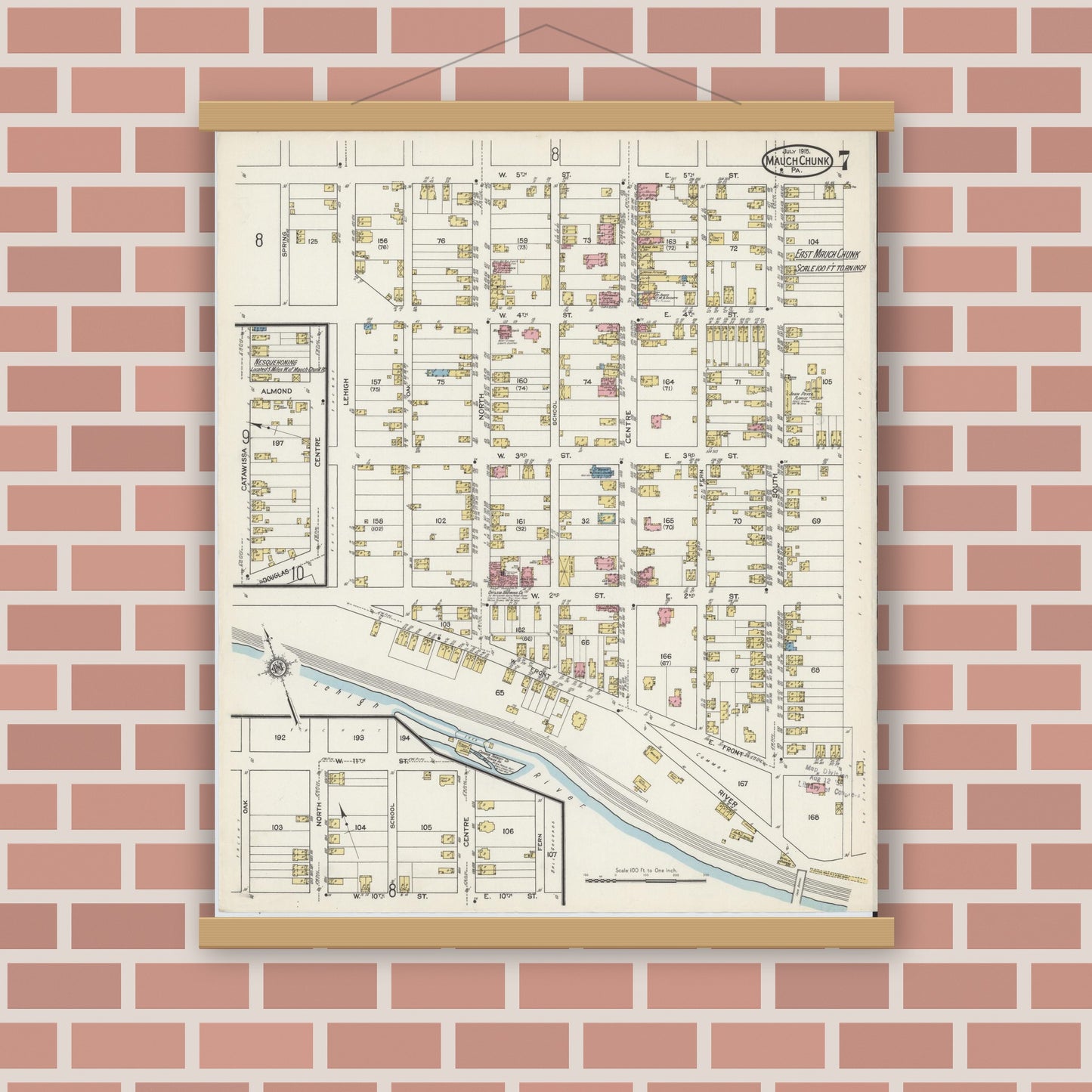 Old map wall art mockup — magnetic wood frame on brick wall — Sanborn Fire Insurance Map from Mauch Chunk, Carbon County, Pennsylvania (1915), Sheet #0007