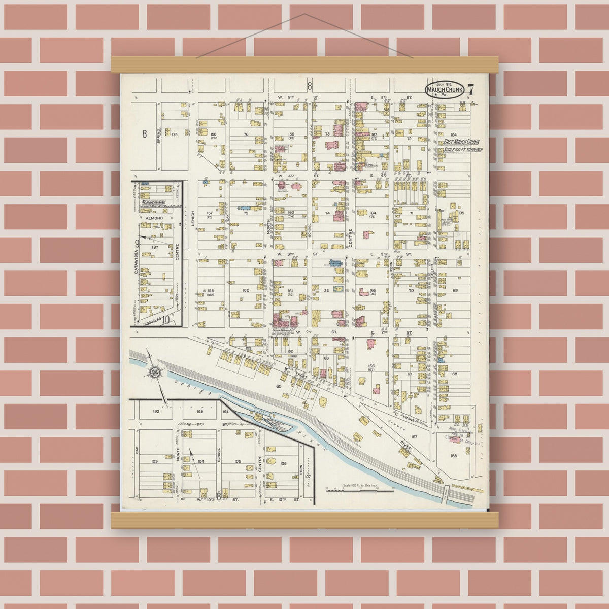 Old map wall art mockup — magnetic wood frame on brick wall — Sanborn Fire Insurance Map from Mauch Chunk, Carbon County, Pennsylvania (1915), Sheet #0007