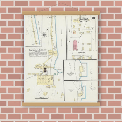 Old map wall art mockup — magnetic wood frame on brick wall — Sanborn Fire Insurance Map from Manistee, Manistee County, Michigan (1890), Sheet #0018