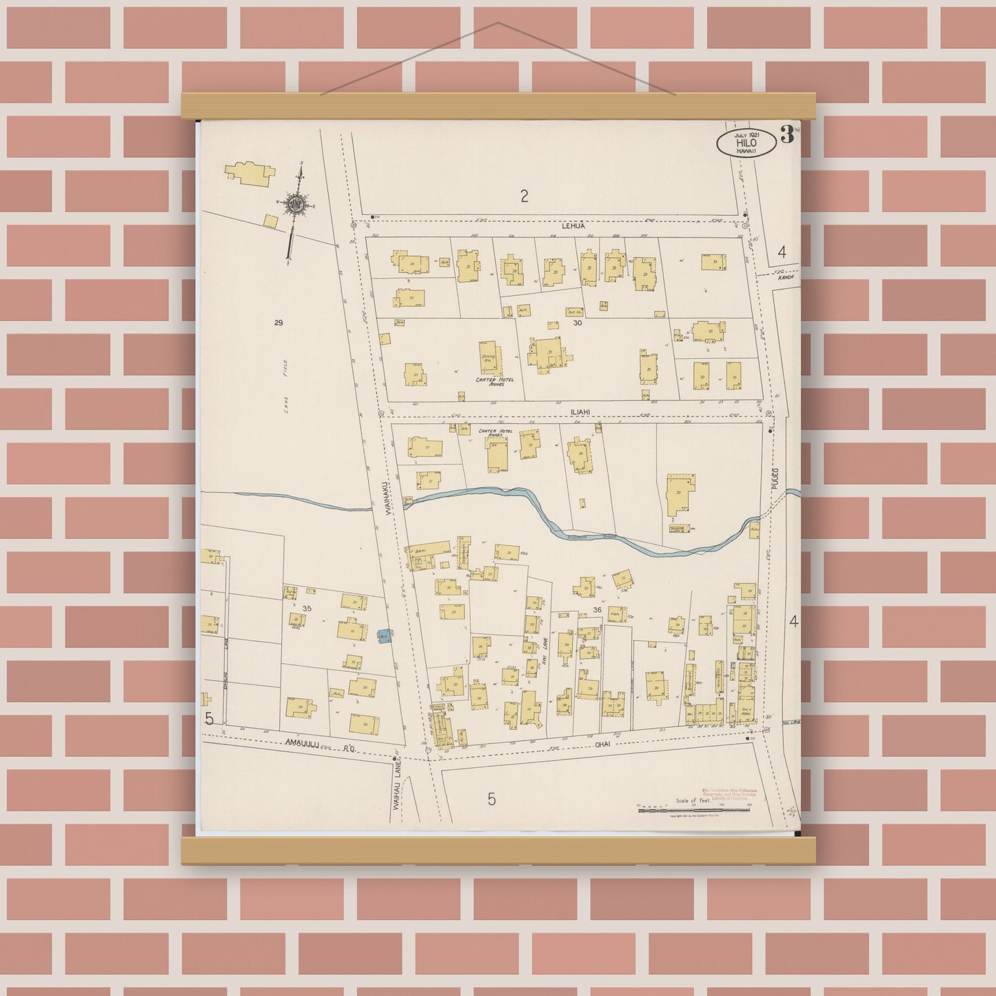 Old map wall art mockup — magnetic wood frame on brick wall — Sanborn Fire Insurance Map from Hilo, Hawaii County, Hawaii (1921), Sheet #0003