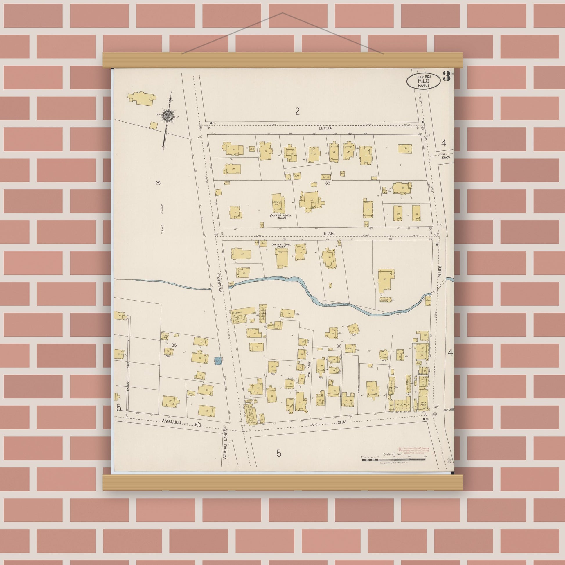 Old map wall art mockup — magnetic wood frame on brick wall — Sanborn Fire Insurance Map from Hilo, Hawaii County, Hawaii (1921), Sheet #0003