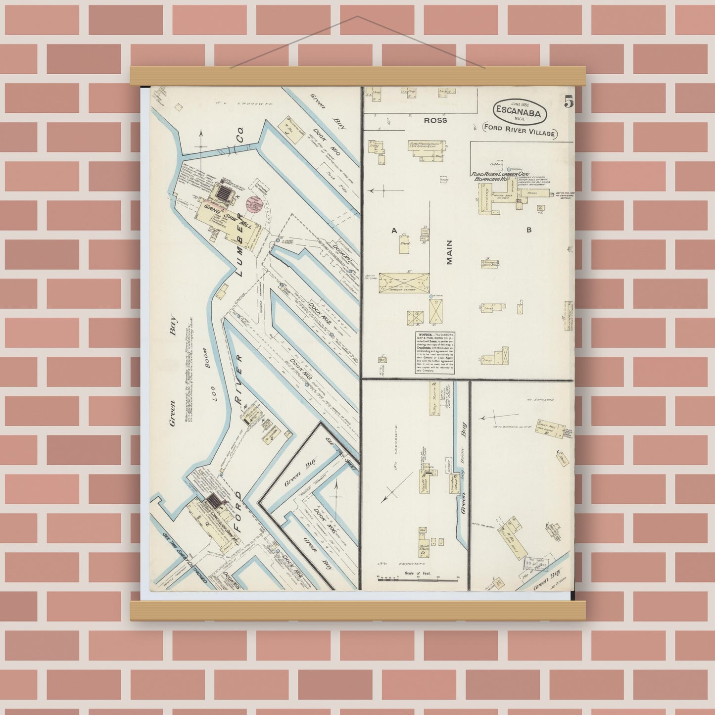 Old map wall art mockup — magnetic wood frame on brick wall — Sanborn Fire Insurance Map from Escanaba, Delta County, Michigan (1884), Sheet #0005