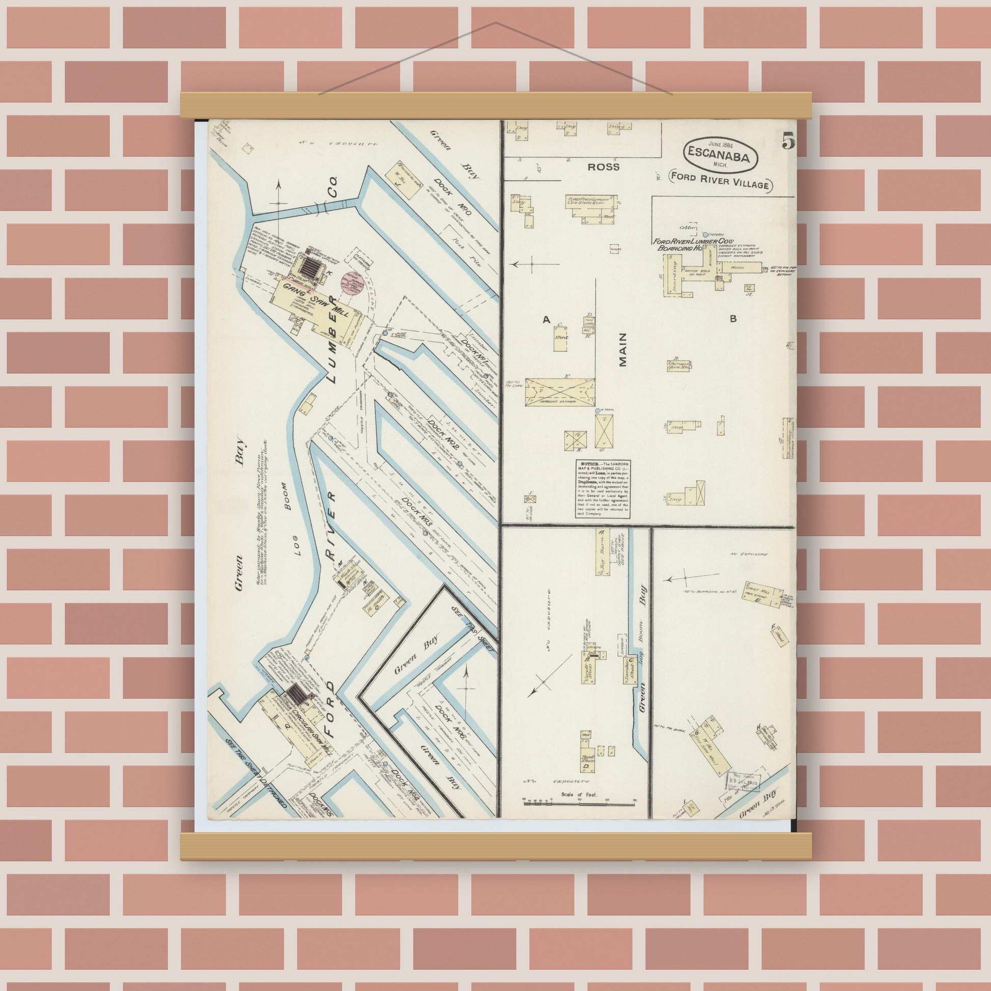 Old map wall art mockup — magnetic wood frame on brick wall — Sanborn Fire Insurance Map from Escanaba, Delta County, Michigan (1884), Sheet #0005