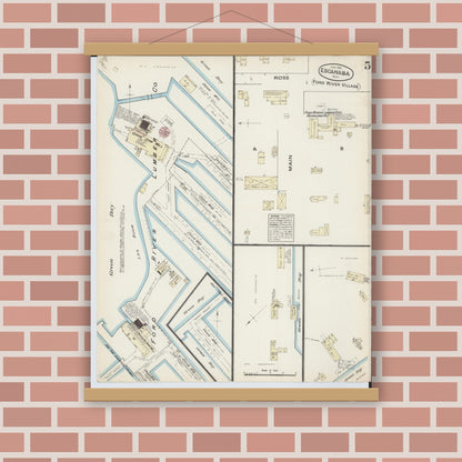 Old map wall art mockup — magnetic wood frame on brick wall — Sanborn Fire Insurance Map from Escanaba, Delta County, Michigan (1884), Sheet #0005