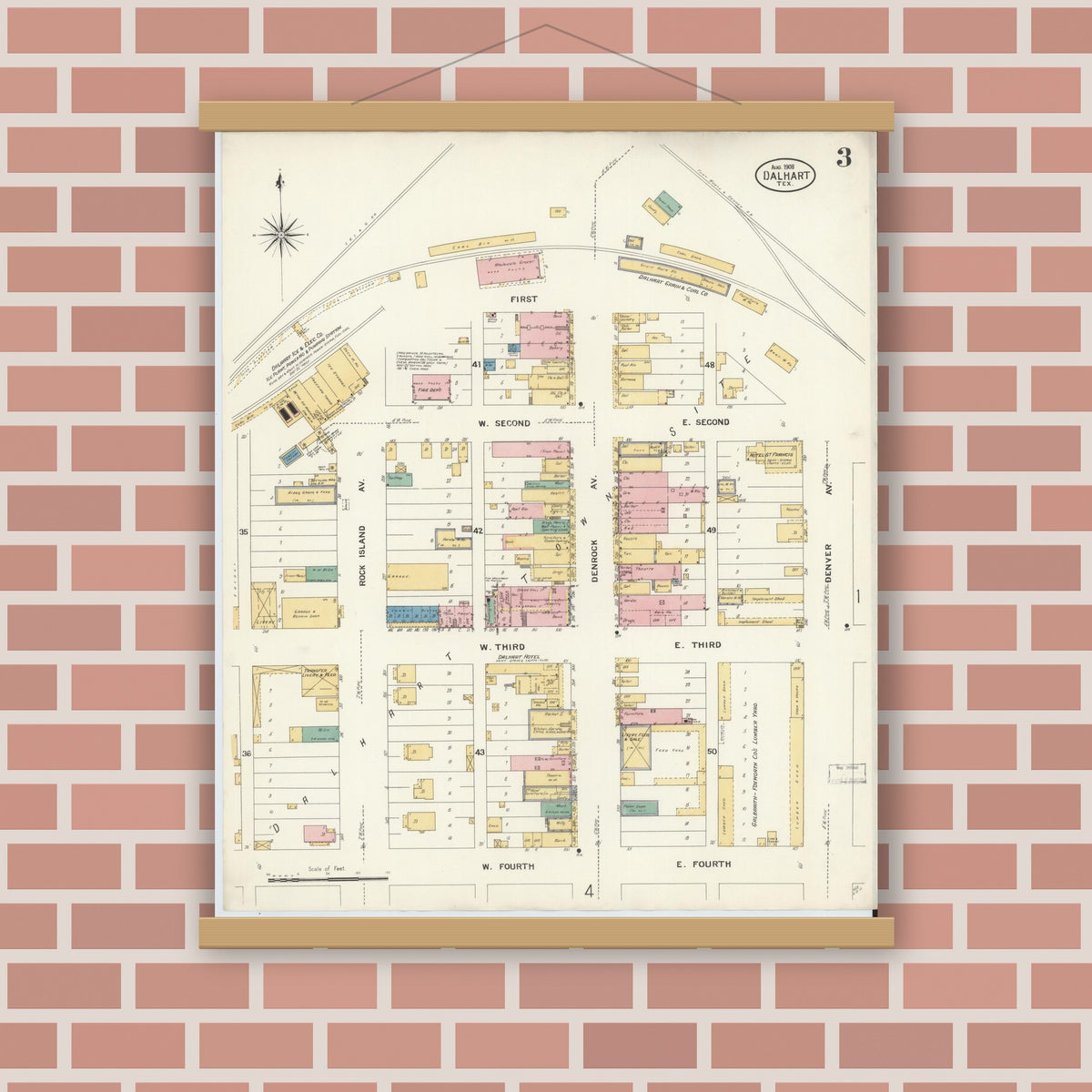 Old map wall art mockup — magnetic wood frame on brick wall — Sanborn Fire Insurance Map from Dalhart, Dallam And Hartley County, Texas (1908), Sheet #0003