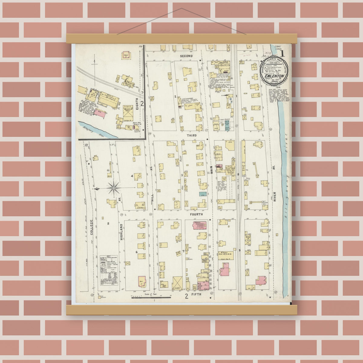 Old map wall art mockup — magnetic wood frame on brick wall — Sanborn Fire Insurance Map from Emlenton, Venango County, Pennsylvania (1897), Sheet #0001