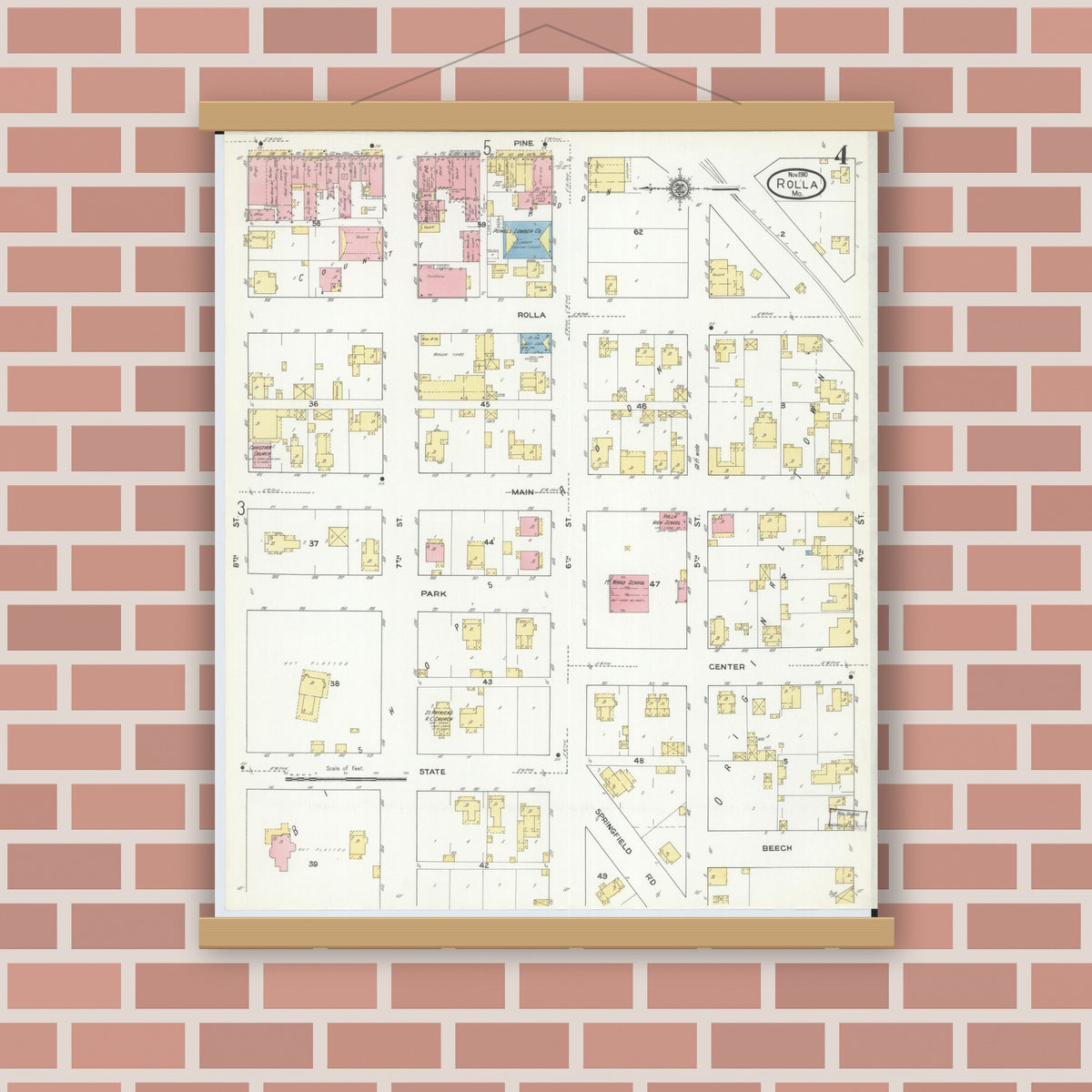 Old map wall art mockup — magnetic wood frame on brick wall — Sanborn Fire Insurance Map from Rolla, Phelps County, Missouri (1910), Sheet #0004