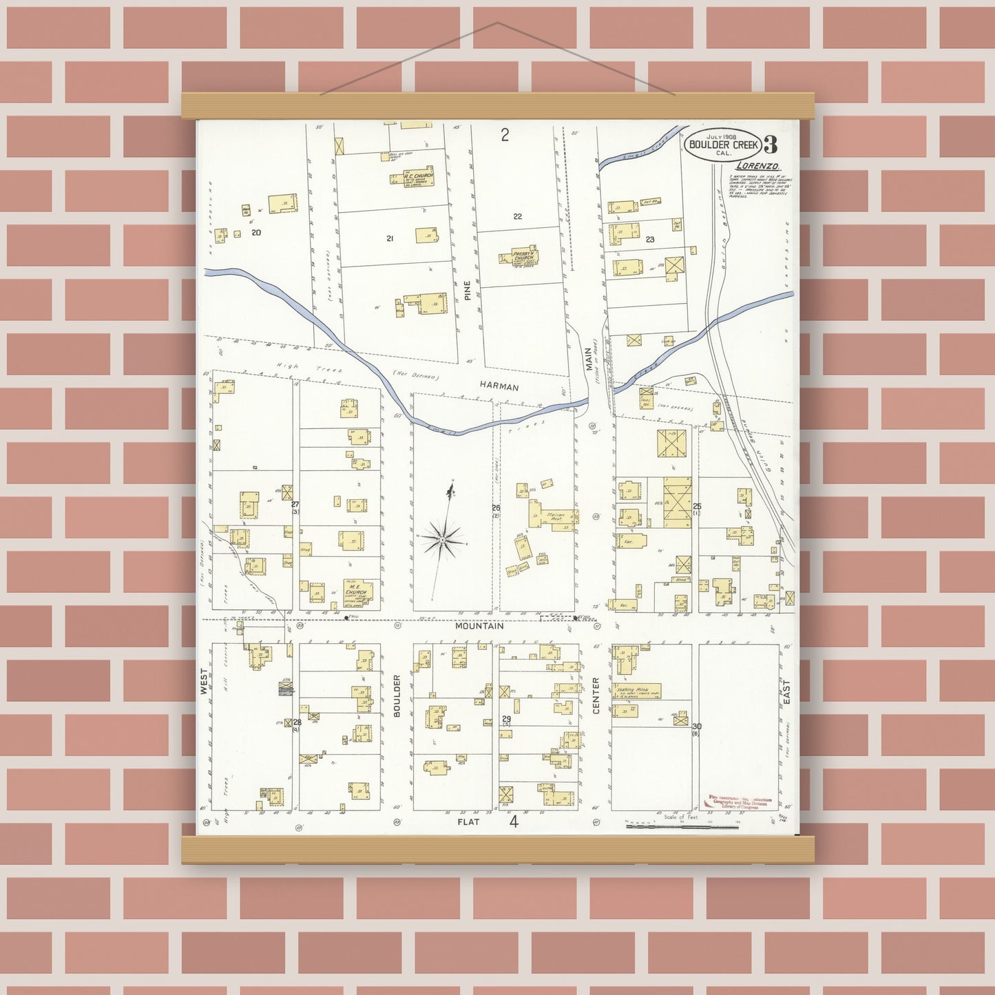 Old map wall art mockup — magnetic wood frame on brick wall — Sanborn Fire Insurance Map from Boulder Creek, Santa Cruz County, California (1908), Sheet #0003