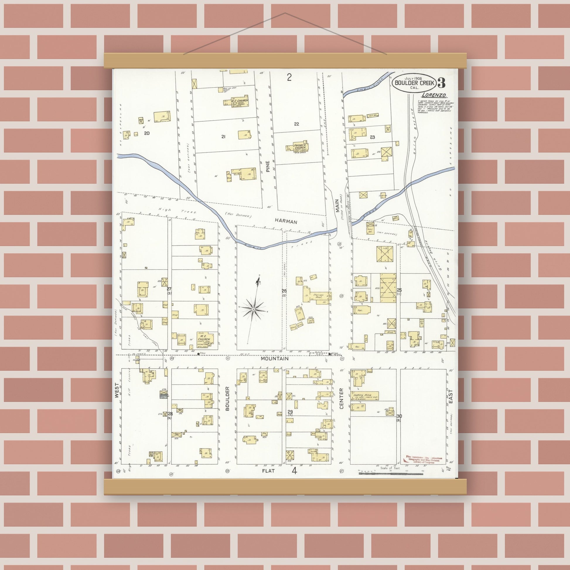 Old map wall art mockup — magnetic wood frame on brick wall — Sanborn Fire Insurance Map from Boulder Creek, Santa Cruz County, California (1908), Sheet #0003