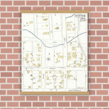 Old map wall art mockup — magnetic wood frame on brick wall — Sanborn Fire Insurance Map from Boulder Creek, Santa Cruz County, California (1908), Sheet #0003