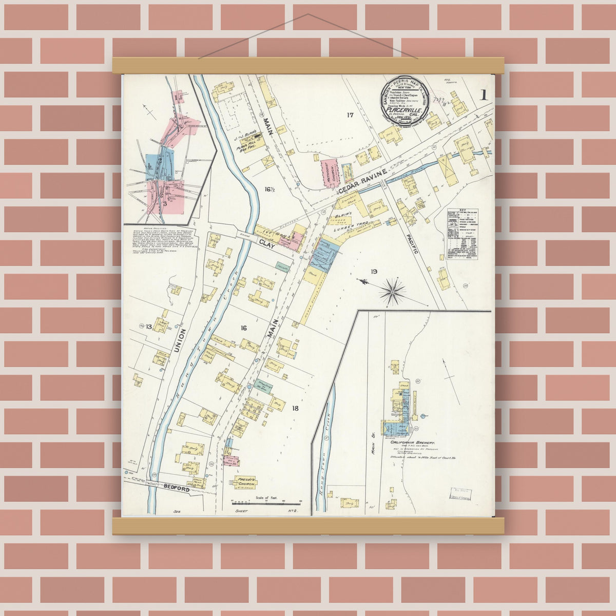Old map wall art mockup — magnetic wood frame on brick wall — Sanborn Fire Insurance Map from Placerville, El Dorado County, California (1891) - Complete Map Set