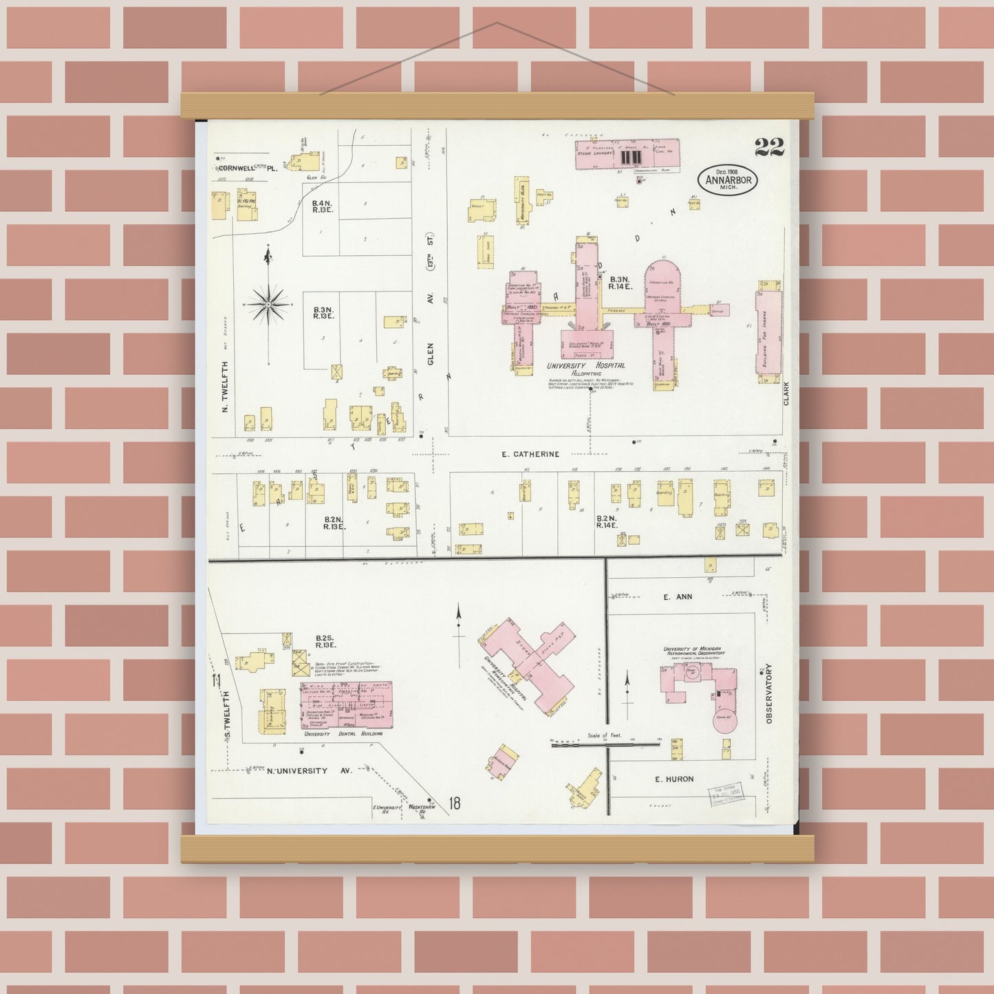 Old map wall art mockup — magnetic wood frame on brick wall — Sanborn Fire Insurance Map from Ann Arbor, Washtenaw County, Michigan (1908), Sheet #0022